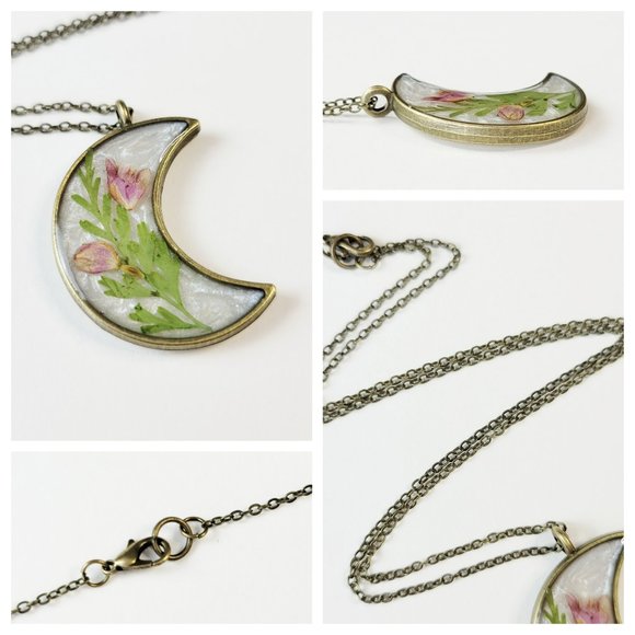 !!SOLD!! Floral Moon Necklace Lavender Green Pressed Flowers Crescent Pendant - Picture 5 of 10